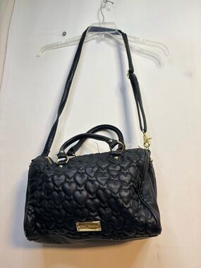 Betsey Johnson Heart-Quilted Black Satchel Bag with Gold Hardware